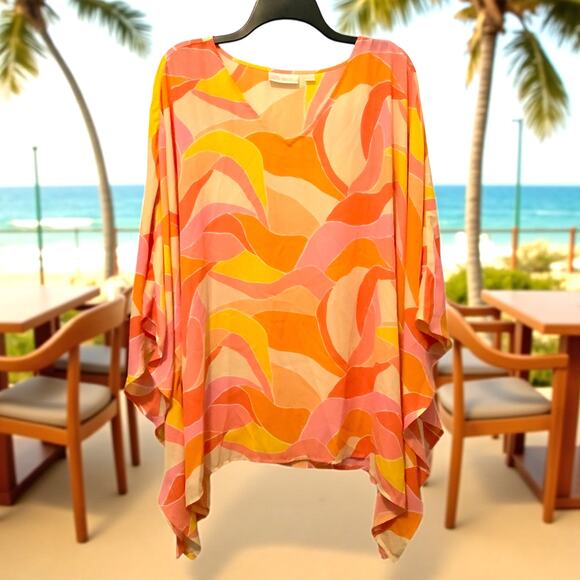 Belle Kim Gravel Aloha Poncho Sunshine Waves Orange Pink 2X - Picture 1 of 7